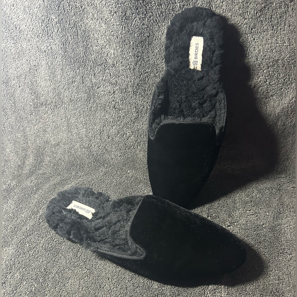 Birdies Black Phoebe Faux Fur Velvet Mules Slip On Flats Women’s Size 7.5